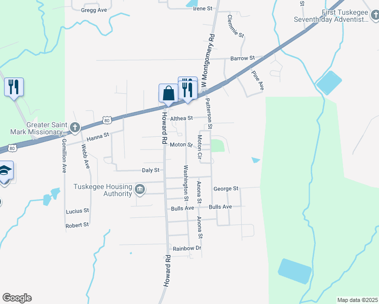 map of restaurants, bars, coffee shops, grocery stores, and more near 2802 Moton Circle in Tuskegee