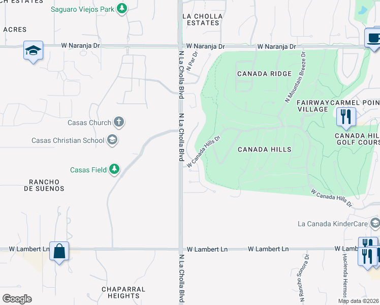 map of restaurants, bars, coffee shops, grocery stores, and more near 1976 West Canada Hills Drive in Oro Valley