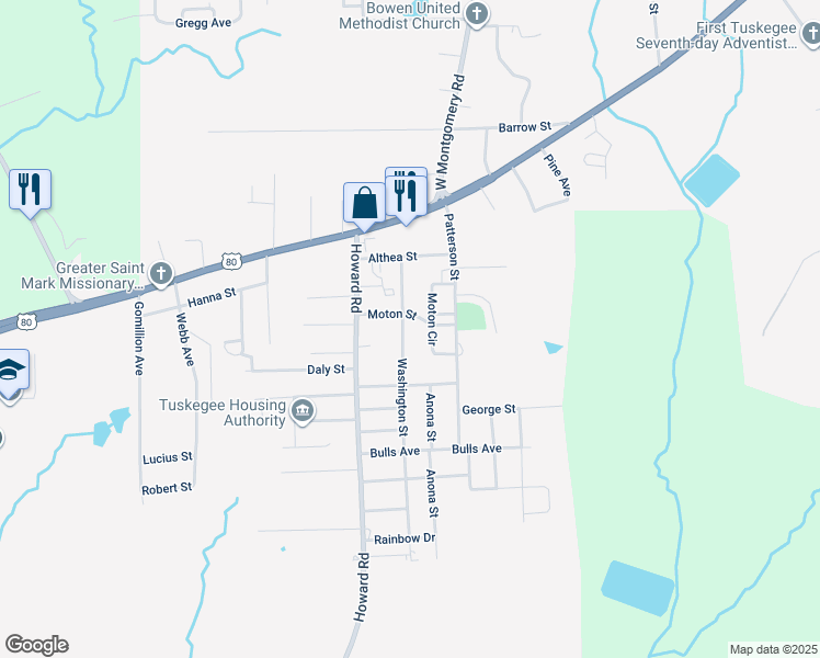 map of restaurants, bars, coffee shops, grocery stores, and more near 2802 Moton Circle in Tuskegee