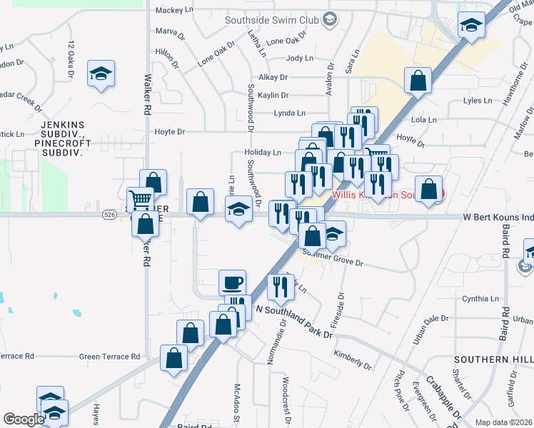 map of restaurants, bars, coffee shops, grocery stores, and more near Summer Grove Drive in Shreveport