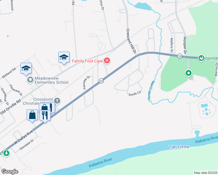 map of restaurants, bars, coffee shops, grocery stores, and more near 1110 Houston Park in Selma