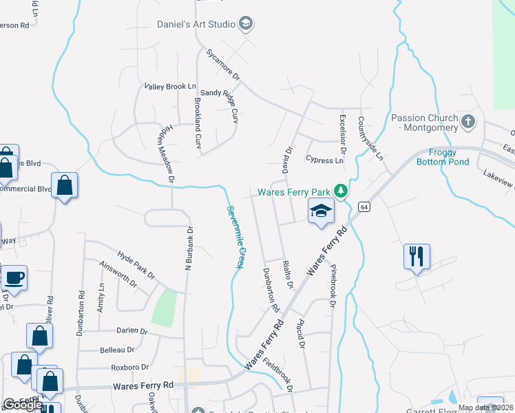 map of restaurants, bars, coffee shops, grocery stores, and more near 1325 Dunbarton Road in Montgomery