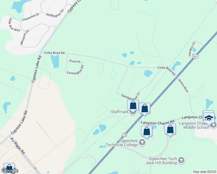 map of restaurants, bars, coffee shops, grocery stores, and more near 140 Sandalwood Circle in Statesboro