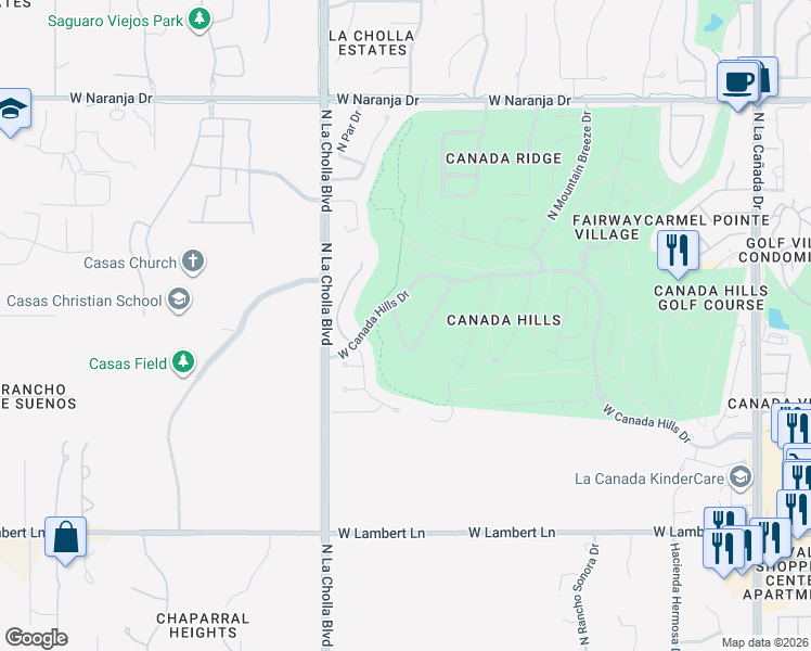 map of restaurants, bars, coffee shops, grocery stores, and more near 1908 West Muirhead Loop in Tucson