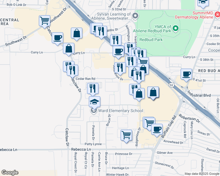 map of restaurants, bars, coffee shops, grocery stores, and more near 3549 Cedar Run Road in Abilene