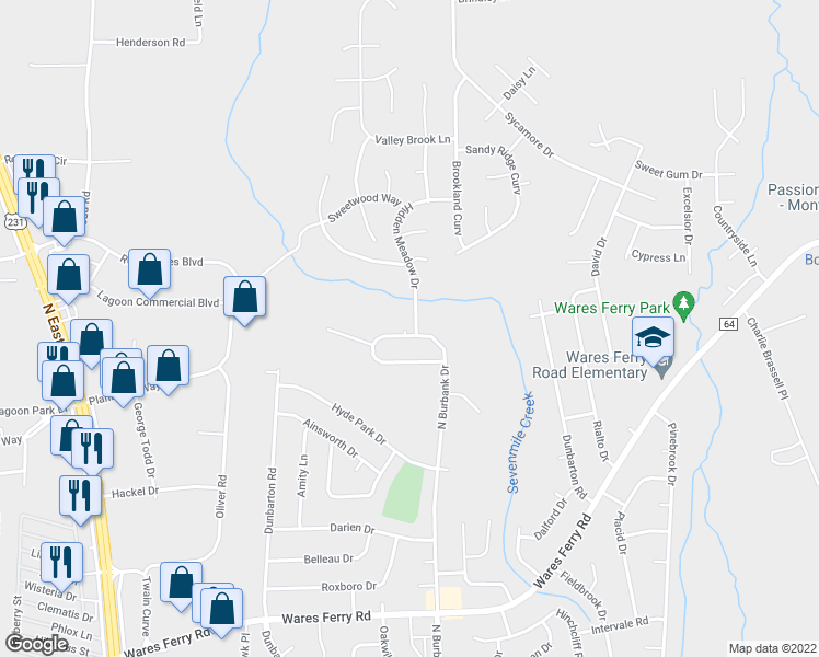 map of restaurants, bars, coffee shops, grocery stores, and more near 1000 North Burbank Drive in Montgomery