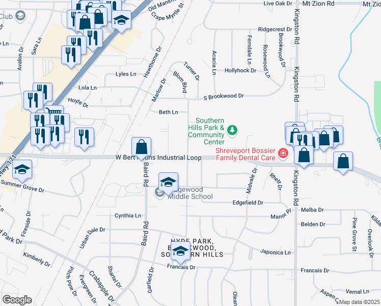 map of restaurants, bars, coffee shops, grocery stores, and more near 9137 Blom Boulevard in Shreveport