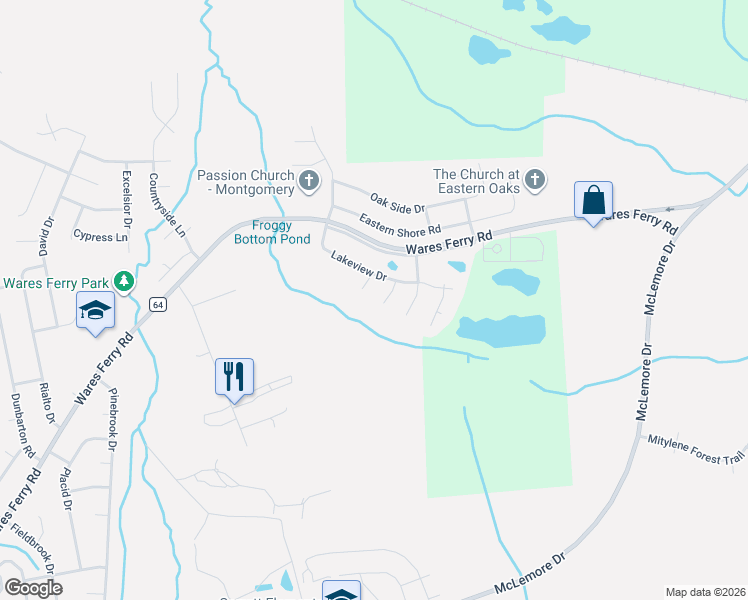 map of restaurants, bars, coffee shops, grocery stores, and more near 7000 Lakeview Drive in Montgomery