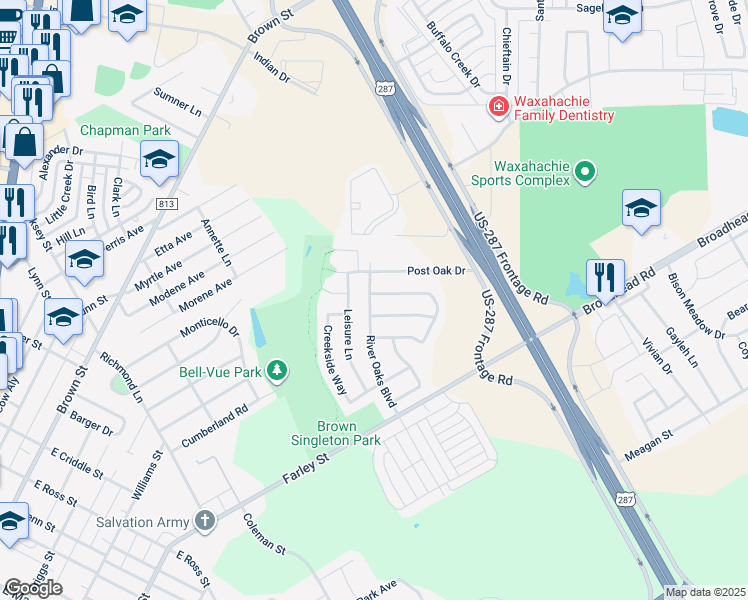 map of restaurants, bars, coffee shops, grocery stores, and more near 107 Driftwood Lane in Waxahachie