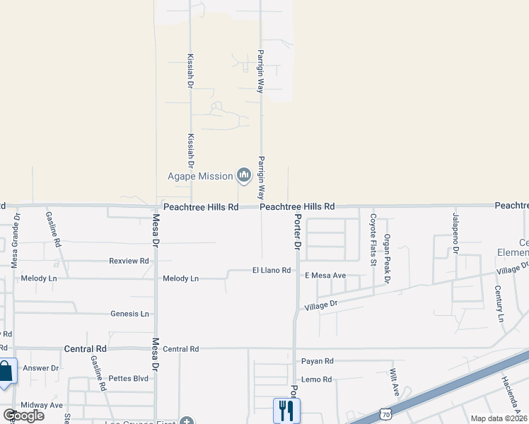 map of restaurants, bars, coffee shops, grocery stores, and more near Parrigin Way in Las Cruces