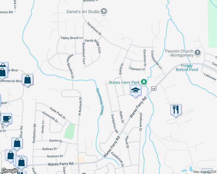 map of restaurants, bars, coffee shops, grocery stores, and more near 1289 Dunbarton Road in Montgomery