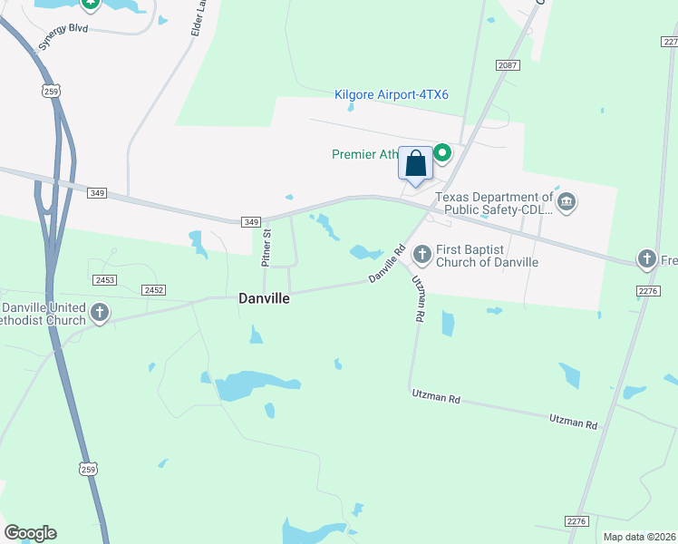 map of restaurants, bars, coffee shops, grocery stores, and more near 2876 Danville Road in Kilgore