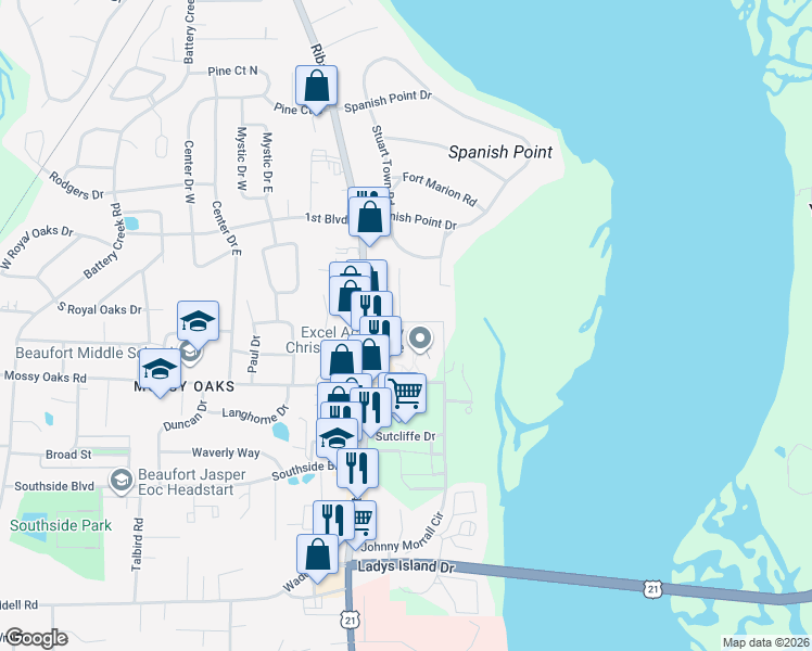 map of restaurants, bars, coffee shops, grocery stores, and more near 944 Oyster Cove Road in Beaufort