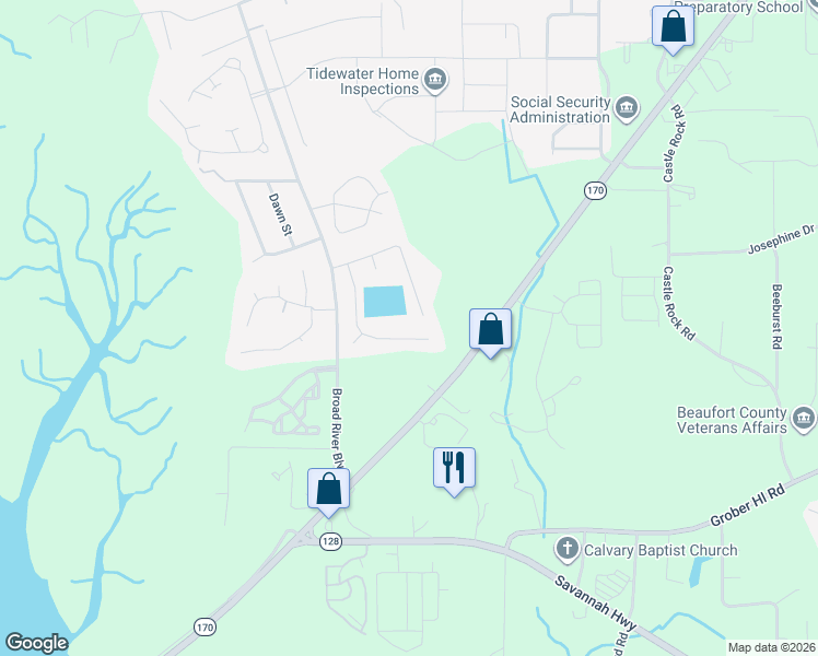 map of restaurants, bars, coffee shops, grocery stores, and more near 30 Chesterfield Drive in Beaufort