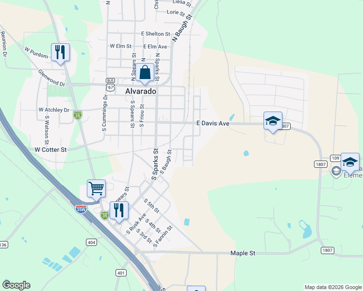 map of restaurants, bars, coffee shops, grocery stores, and more near 205 East Carver Street in Alvarado