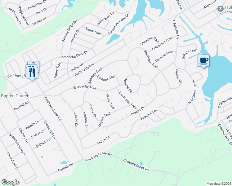 map of restaurants, bars, coffee shops, grocery stores, and more near 4001 Iron Horse Trail in Granbury