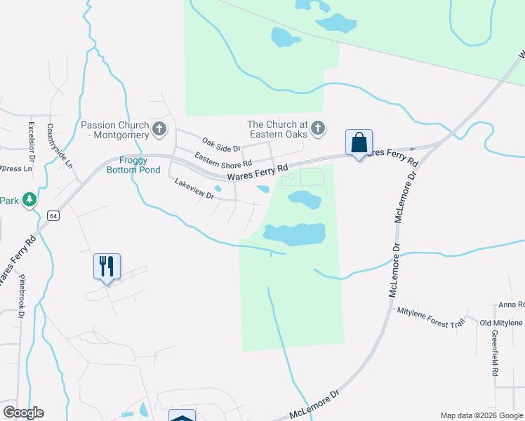 map of restaurants, bars, coffee shops, grocery stores, and more near 7077 Lakeview Drive in Montgomery