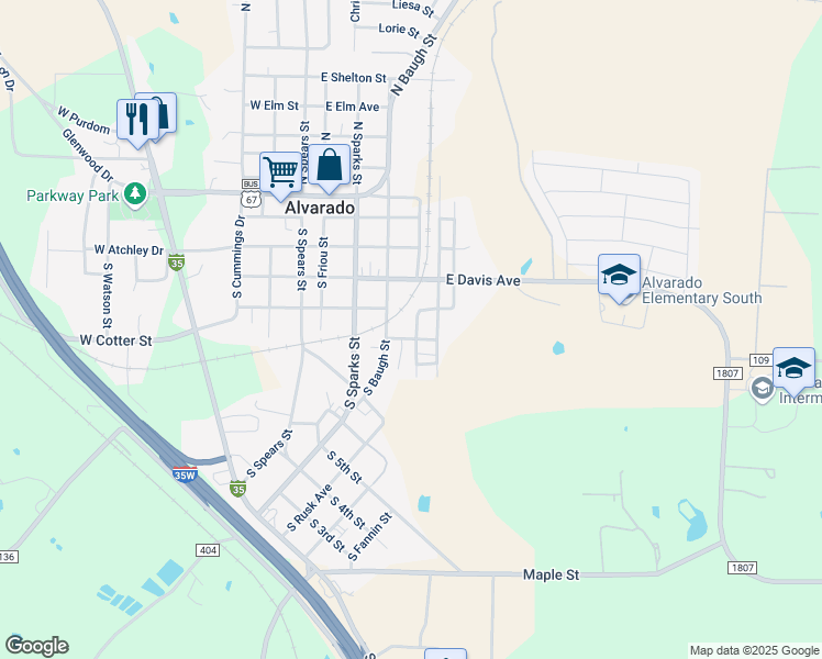 map of restaurants, bars, coffee shops, grocery stores, and more near 103 Cotton Street in Alvarado