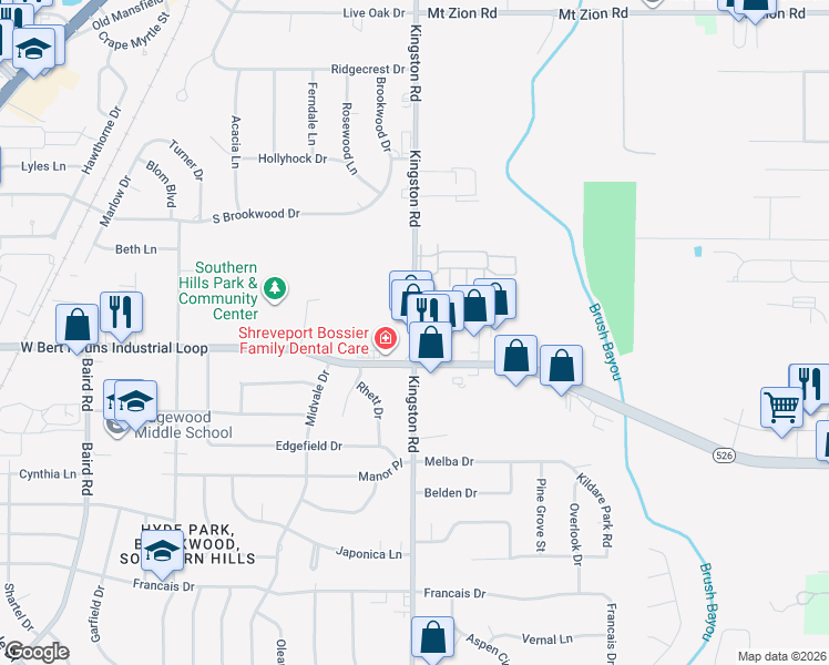 map of restaurants, bars, coffee shops, grocery stores, and more near 9075 Kingston Road in Shreveport