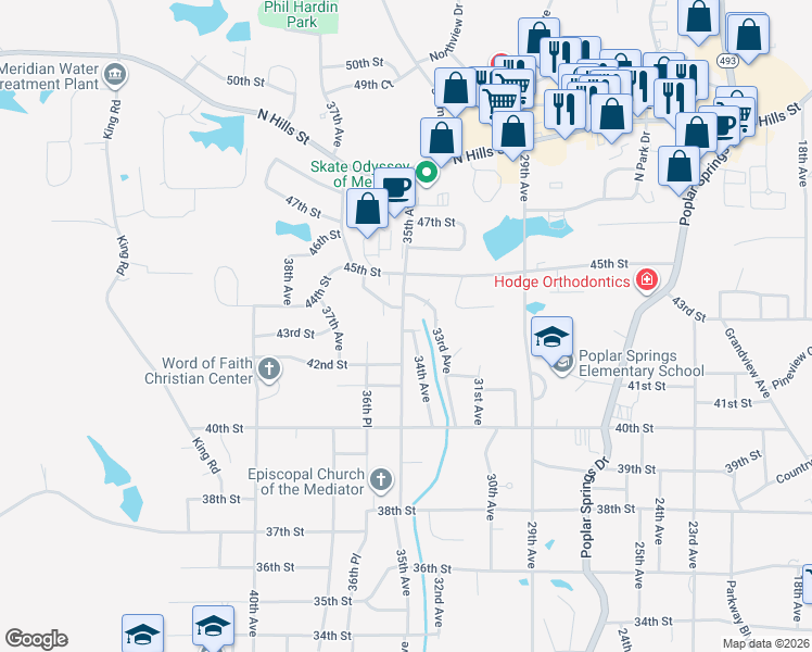 map of restaurants, bars, coffee shops, grocery stores, and more near 3402 43rd Street in Meridian