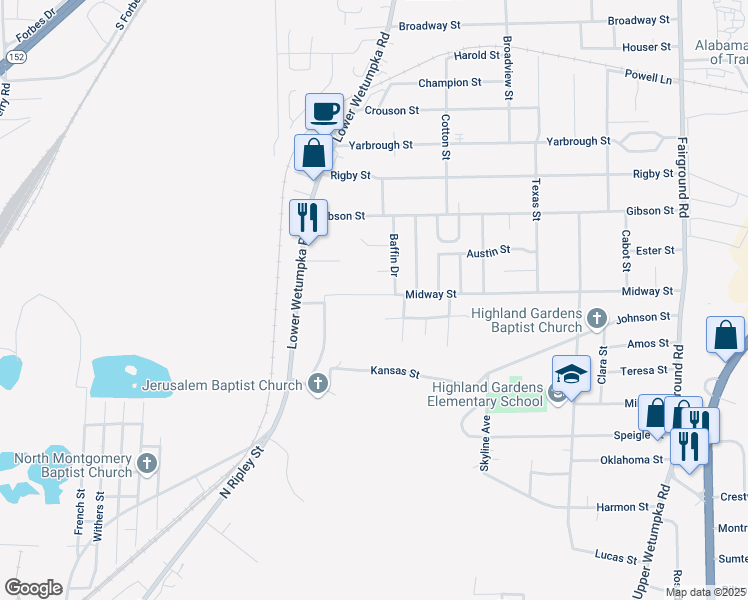 map of restaurants, bars, coffee shops, grocery stores, and more near 1534 Midway Street in Montgomery