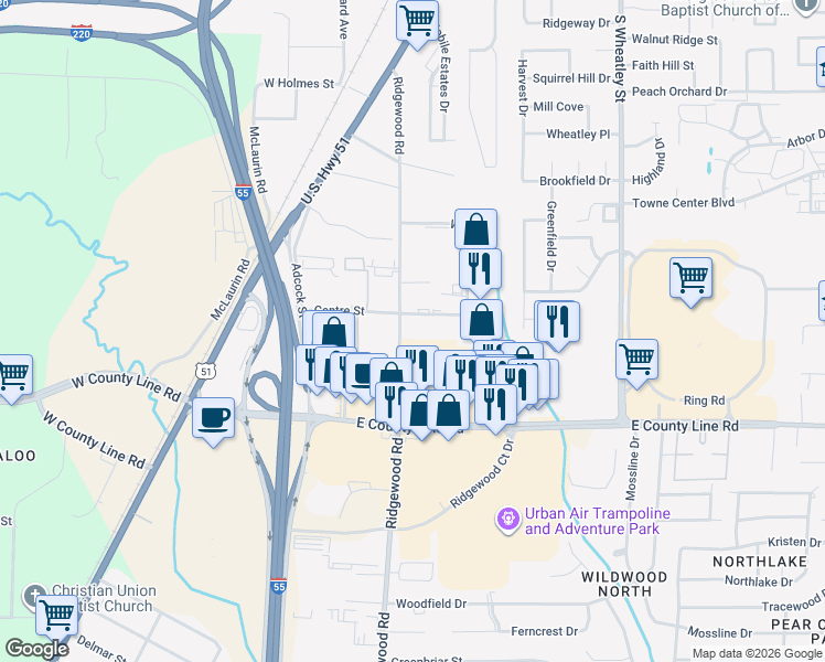 map of restaurants, bars, coffee shops, grocery stores, and more near 855 Centre Street in Ridgeland