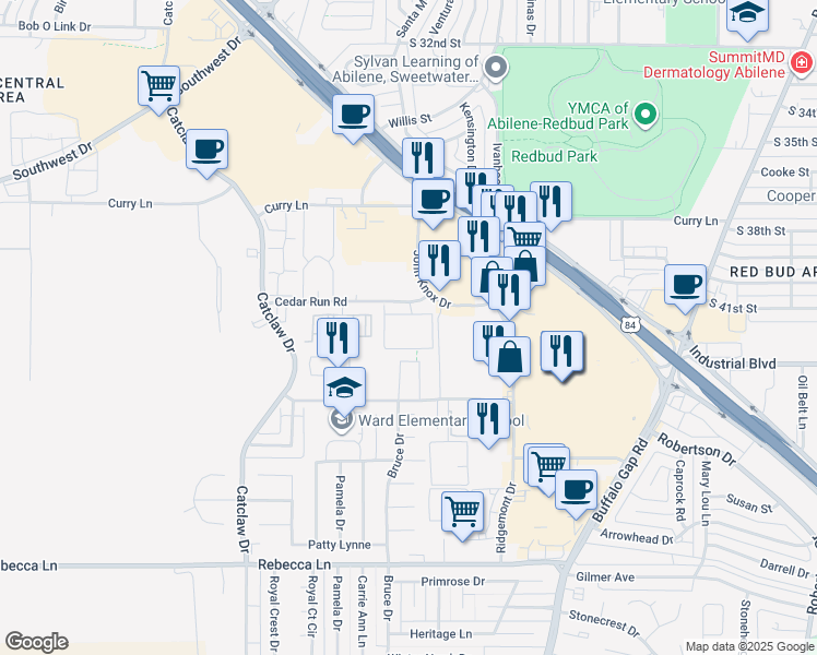 map of restaurants, bars, coffee shops, grocery stores, and more near 3549 Cedar Run Road in Abilene
