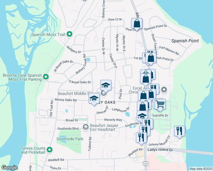 map of restaurants, bars, coffee shops, grocery stores, and more near 2501 Mossy Oaks Road in Beaufort