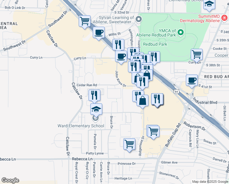 map of restaurants, bars, coffee shops, grocery stores, and more near 3549 Cedar Run Road in Abilene