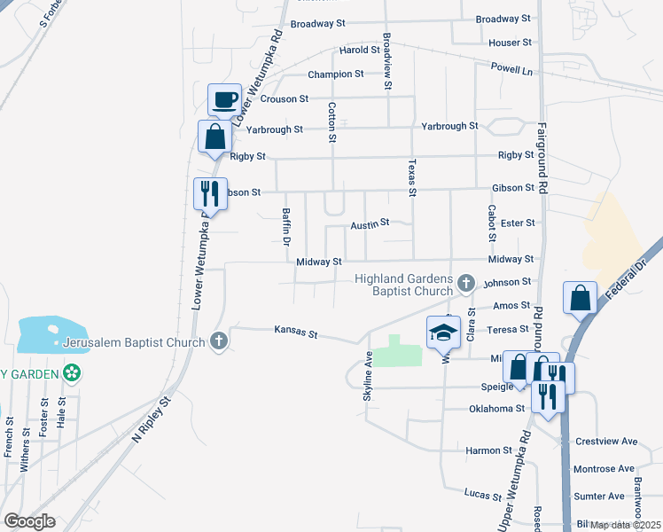 map of restaurants, bars, coffee shops, grocery stores, and more near 1630 Midway Street in Montgomery