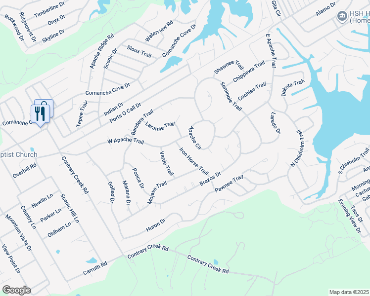 map of restaurants, bars, coffee shops, grocery stores, and more near 4005 Iron Horse Trail in Granbury