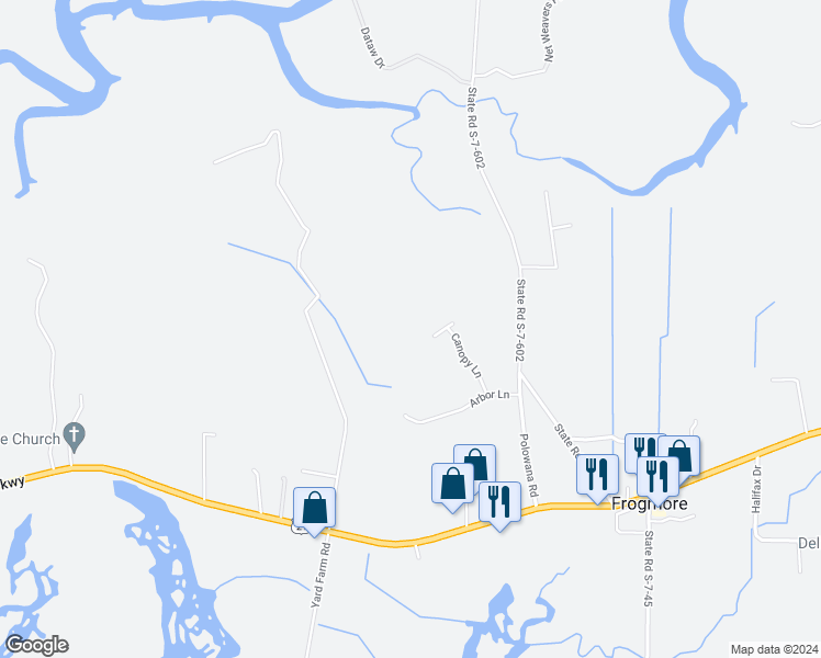 map of restaurants, bars, coffee shops, grocery stores, and more near 46 Canopy Lane in Saint Helena Island