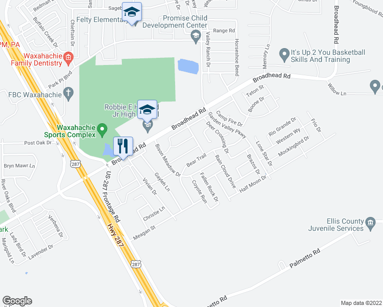 map of restaurants, bars, coffee shops, grocery stores, and more near 118 Eagle Feather Road in Waxahachie