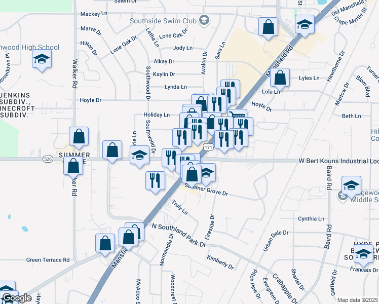 map of restaurants, bars, coffee shops, grocery stores, and more near 9198 U.S. 171 in Shreveport