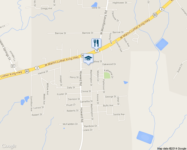 map of restaurants, bars, coffee shops, grocery stores, and more near 2804 Moton Street in Tuskegee