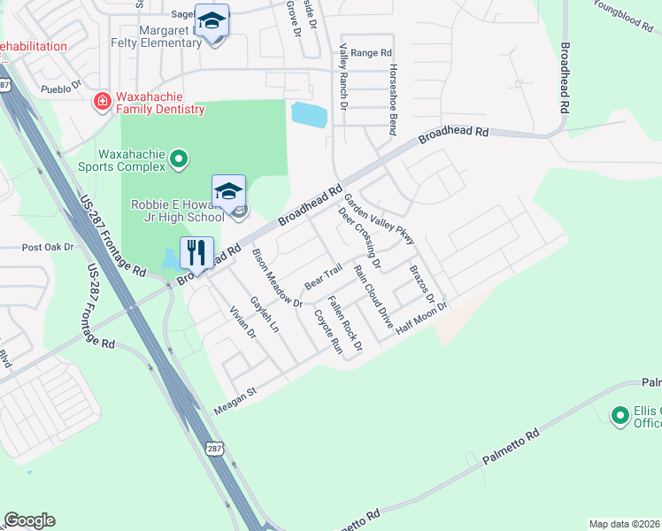 map of restaurants, bars, coffee shops, grocery stores, and more near 229 Bear Trail in Waxahachie