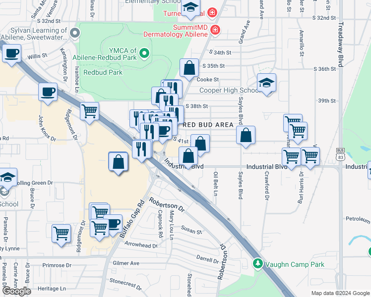 map of restaurants, bars, coffee shops, grocery stores, and more near 4141 Buffalo Gap Road in Abilene