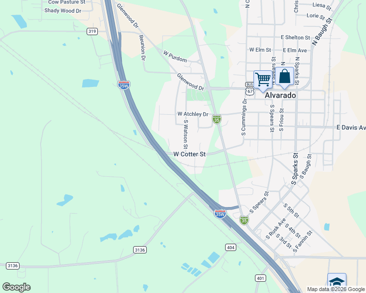 map of restaurants, bars, coffee shops, grocery stores, and more near 309 South Watson Street in Alvarado
