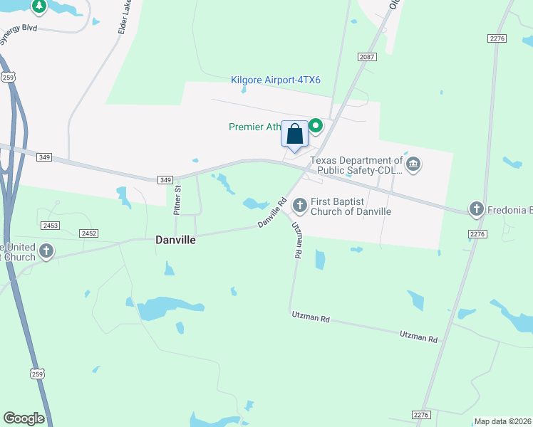 map of restaurants, bars, coffee shops, grocery stores, and more near 2876 Danville Road in Kilgore