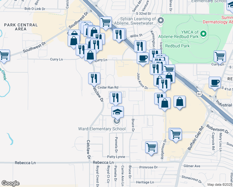 map of restaurants, bars, coffee shops, grocery stores, and more near 3649 Cedar Run Road in Abilene