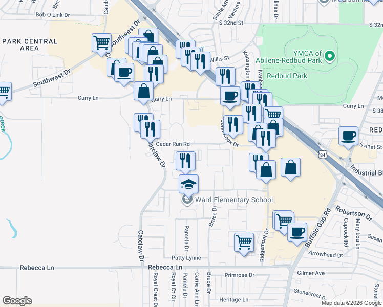 map of restaurants, bars, coffee shops, grocery stores, and more near 3649 Cedar Run Road in Abilene