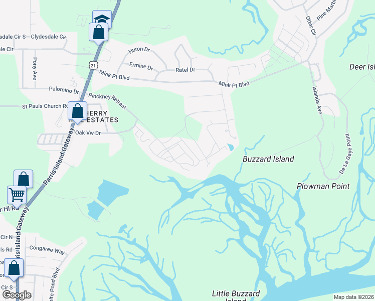 map of restaurants, bars, coffee shops, grocery stores, and more near 452 Commons Circle in Beaufort