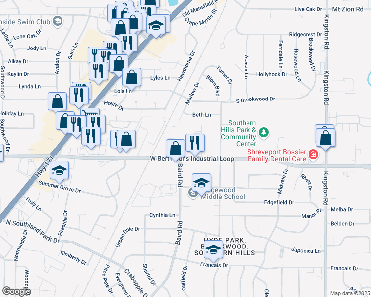 map of restaurants, bars, coffee shops, grocery stores, and more near 2050 West Bert Kouns Industrial Loop in Shreveport