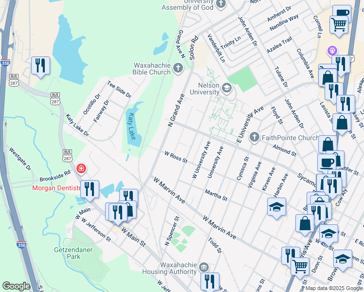 map of restaurants, bars, coffee shops, grocery stores, and more near 615 Highland Avenue in Waxahachie