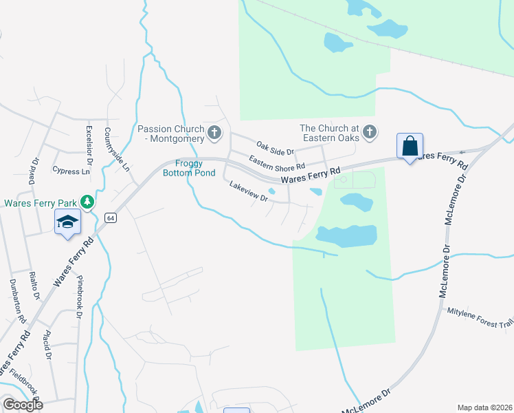 map of restaurants, bars, coffee shops, grocery stores, and more near 7000 Lakeview Drive in Montgomery