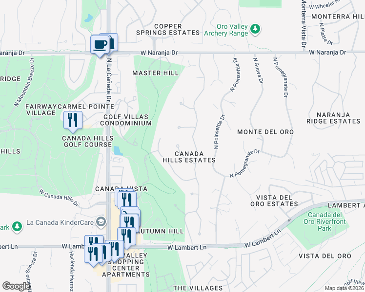 map of restaurants, bars, coffee shops, grocery stores, and more near 1030 West Soft Wind Place in Tucson