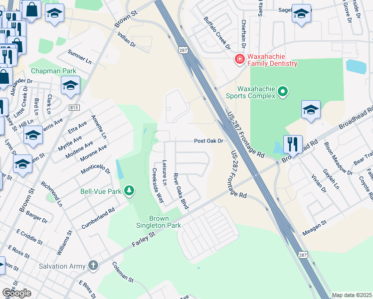 map of restaurants, bars, coffee shops, grocery stores, and more near 107 Driftwood Lane in Waxahachie