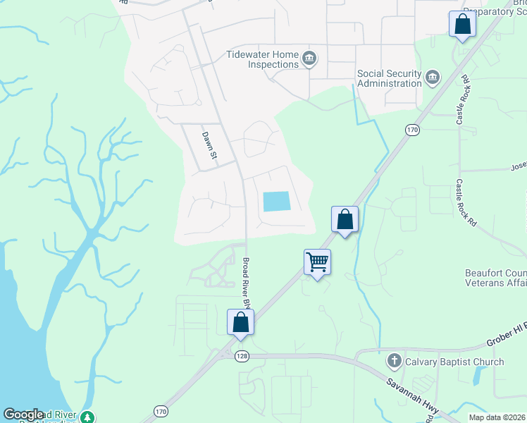 map of restaurants, bars, coffee shops, grocery stores, and more near 7 Chesterfield Lake Drive in Beaufort
