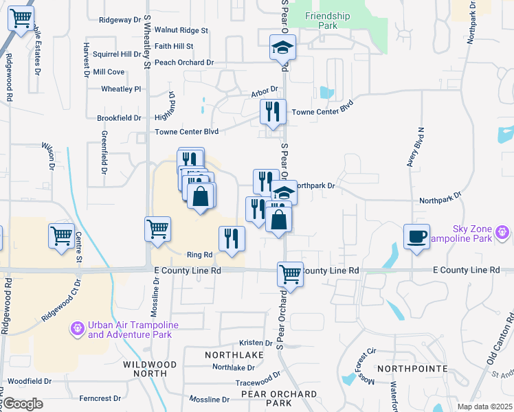 map of restaurants, bars, coffee shops, grocery stores, and more near Ring Road in Ridgeland