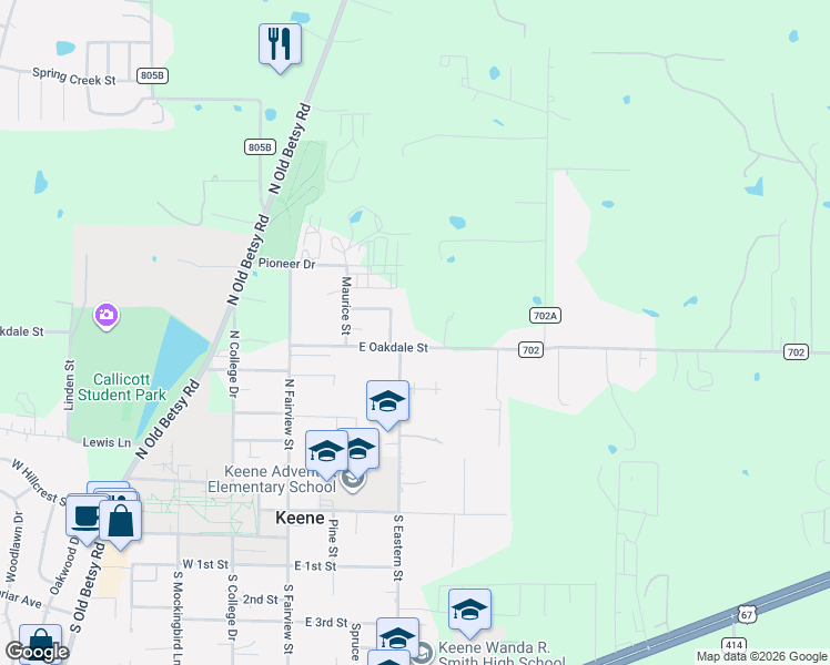 map of restaurants, bars, coffee shops, grocery stores, and more near 402 East Oakdale Street in Keene